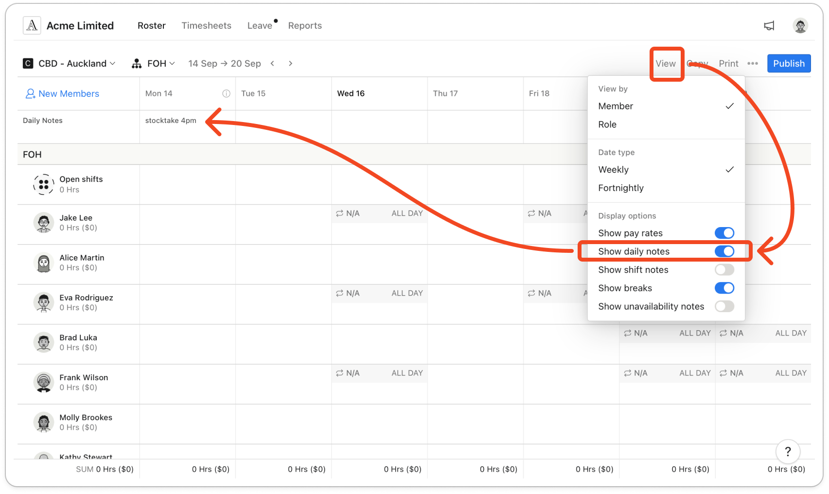 View menu open with Show daily notes switched on under Display options