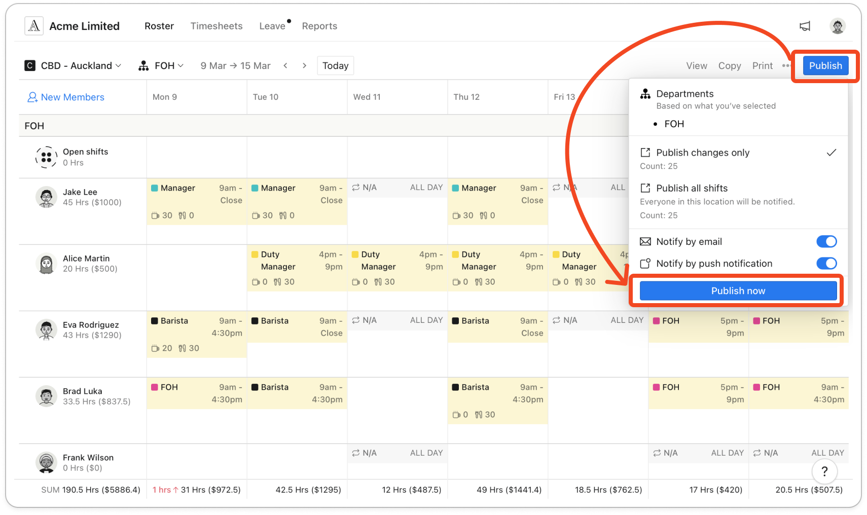 Web roster week with some shifts in pale yellow and the Publish button at the right of the toolbar