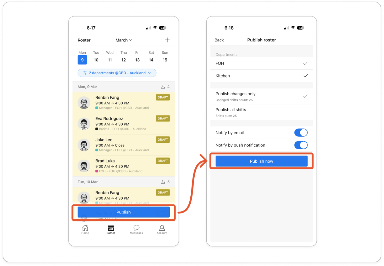 The Publish roster screen with the departments listed, Publish changes only selected, both notify switches on, and the Publish now button