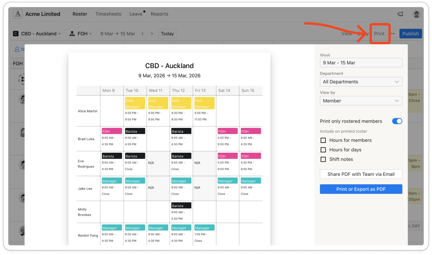 The print window, with the roster preview on the left and the Week, Department and View by settings, the Include on printed roster checkboxes and the two buttons on the right