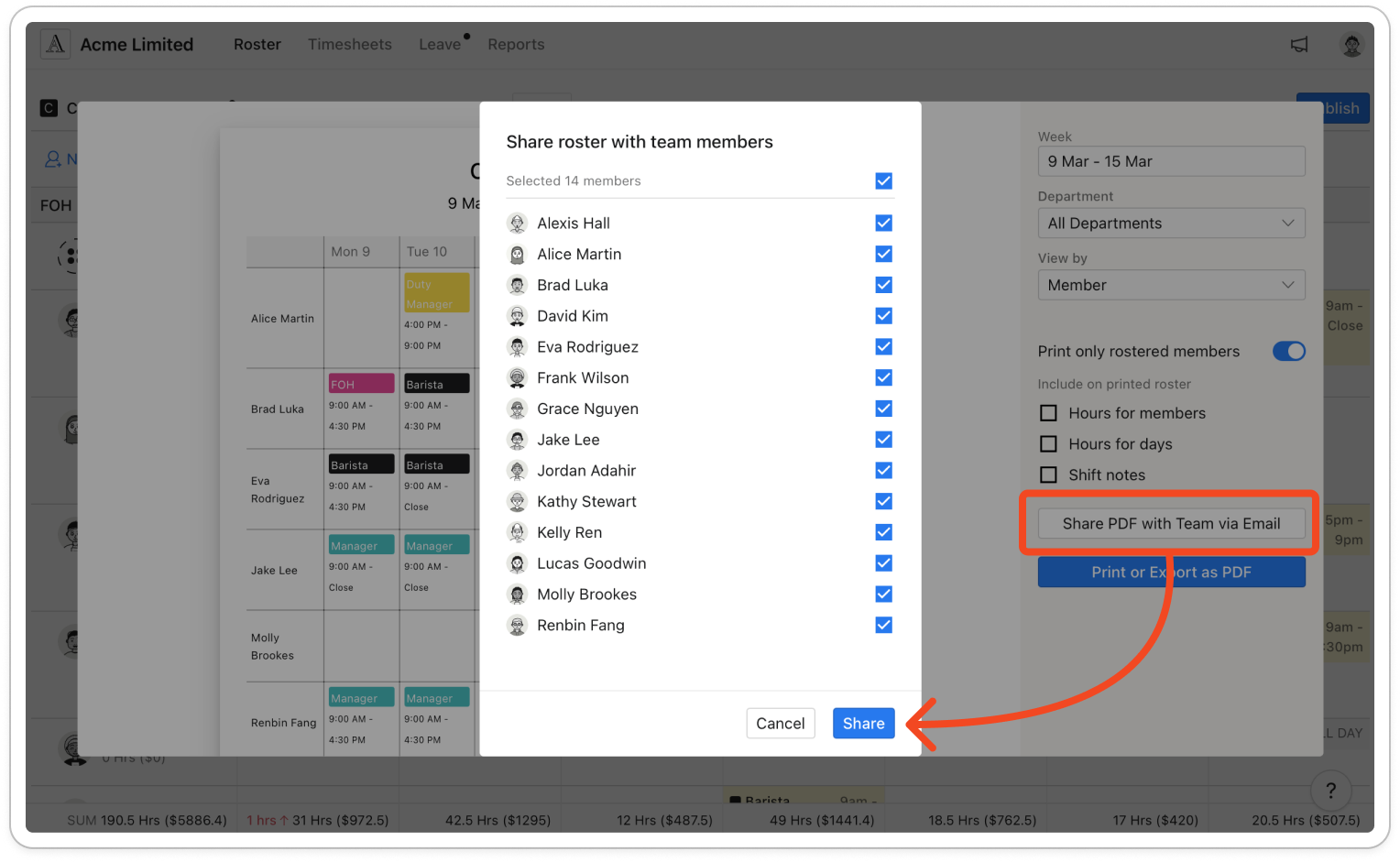 The Share roster with team members window with three members ticked, one showing (No Email) in red, and the Share button