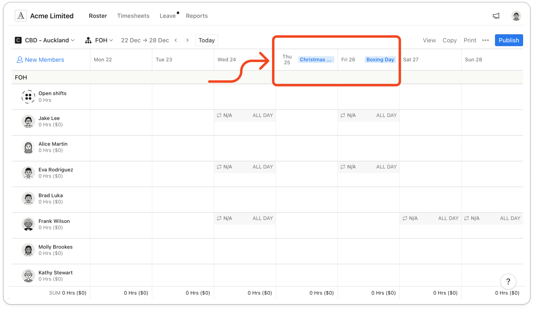 Roster page in the weekly view with a blue public holiday tag, such as Labour Day, next to the date in one day's header