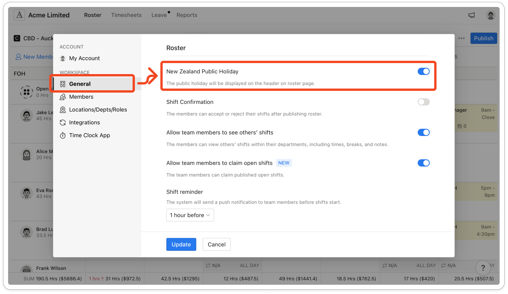 Settings open on General, with the Roster section showing the New Zealand Public Holiday switch turned on