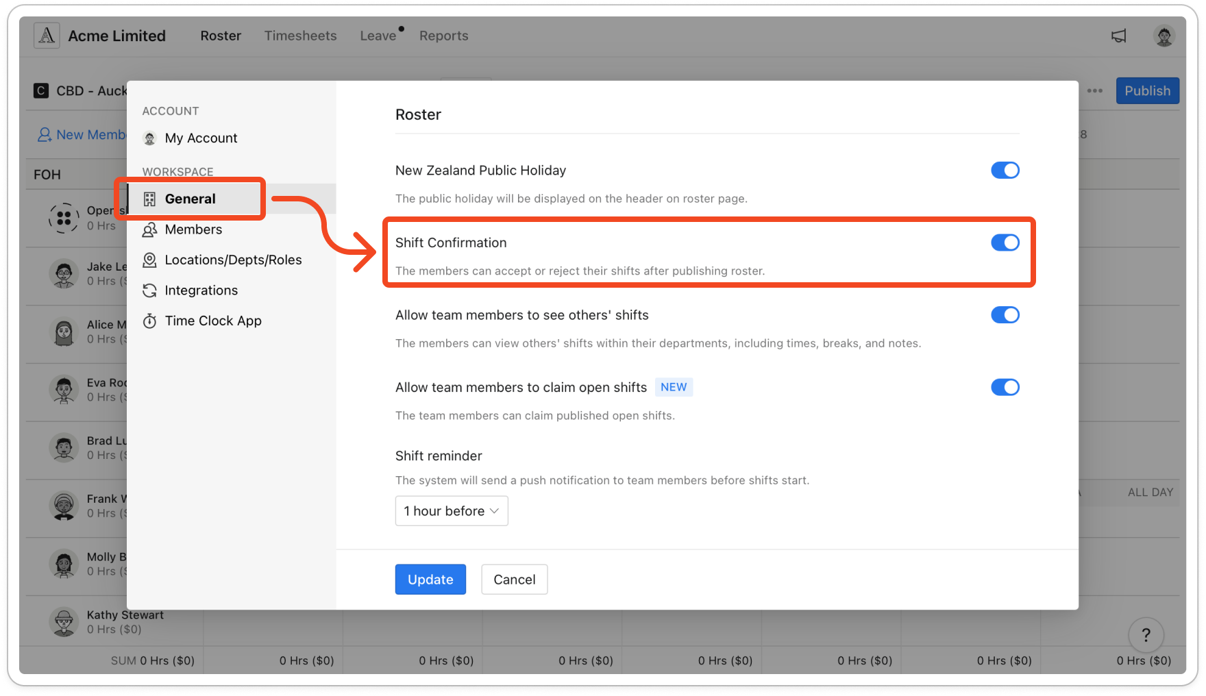 Settings open on the General tab, Roster section, with the Shift Confirmation switch turned on and the Update button at the bottom. assets/imported/51000488736-1.png shows this screen with current labels, but with Shift Confirmation off and a different switch highlighted