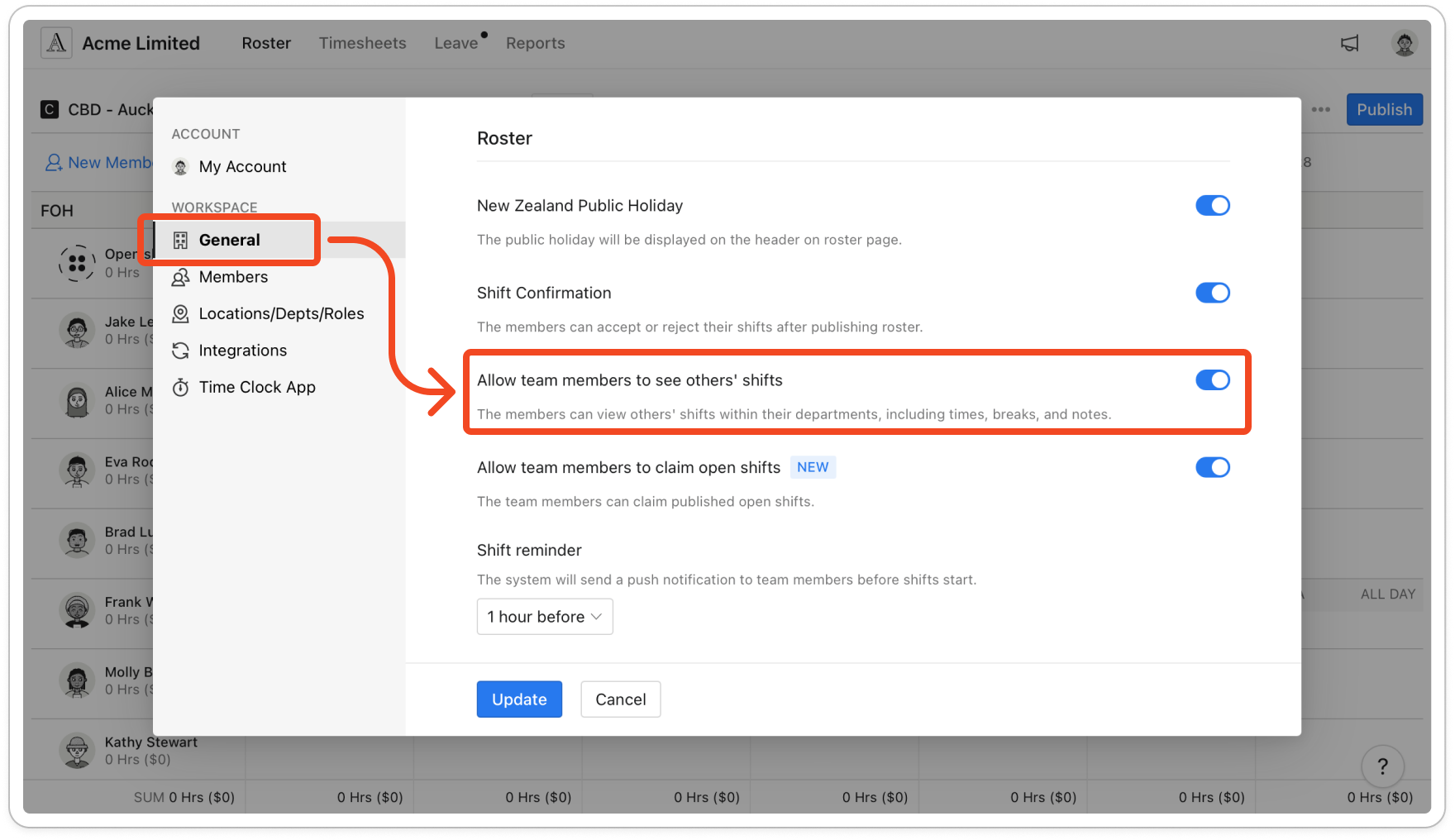 The Settings window on General, scrolled to the Roster section, with the Allow team members to see others' shifts switch turned on. assets/imported/51000488736-1.png shows this screen with current labels