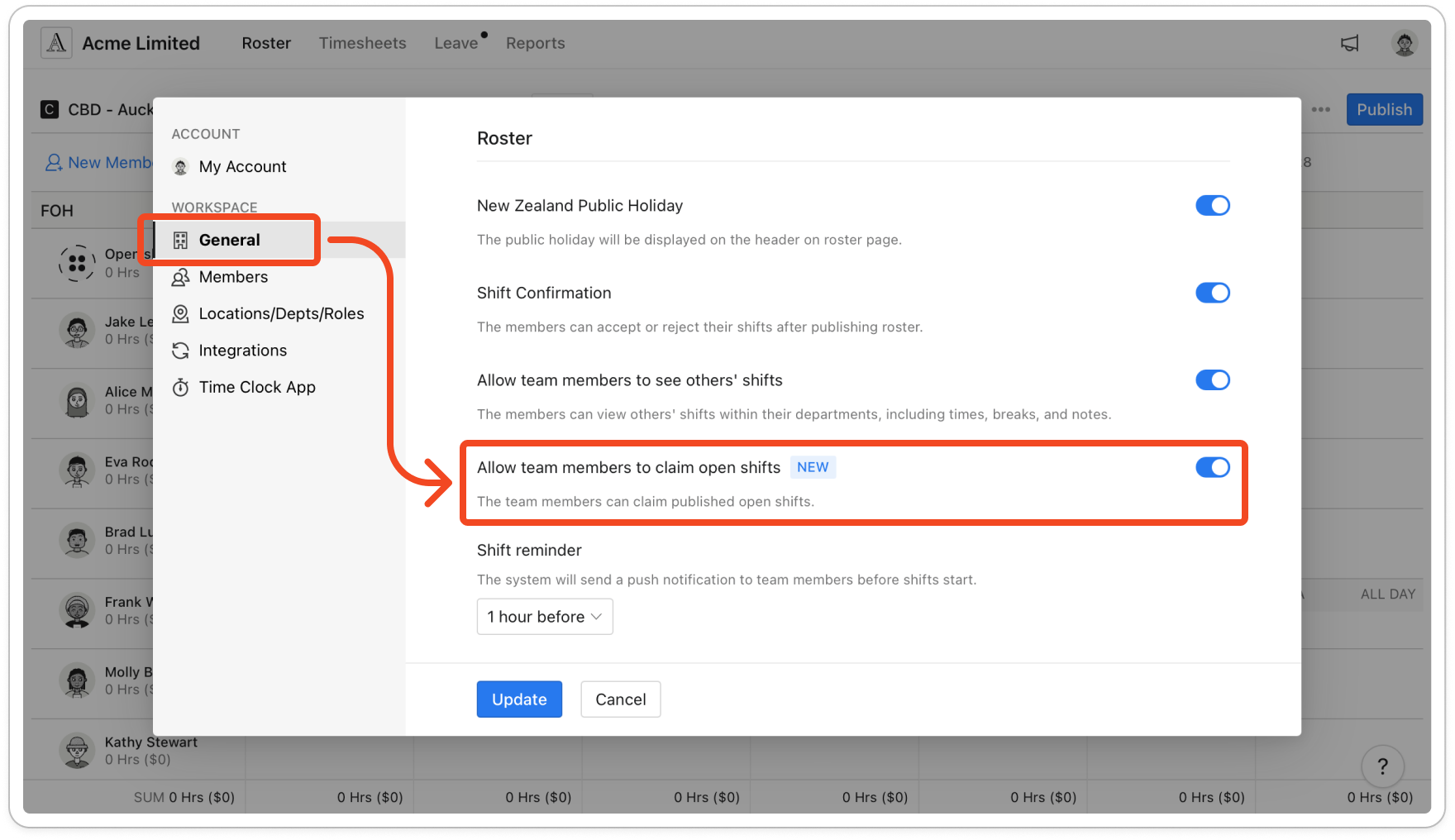 Settings open on General, with the Roster section showing the Allow team members to claim open shifts switch turned on