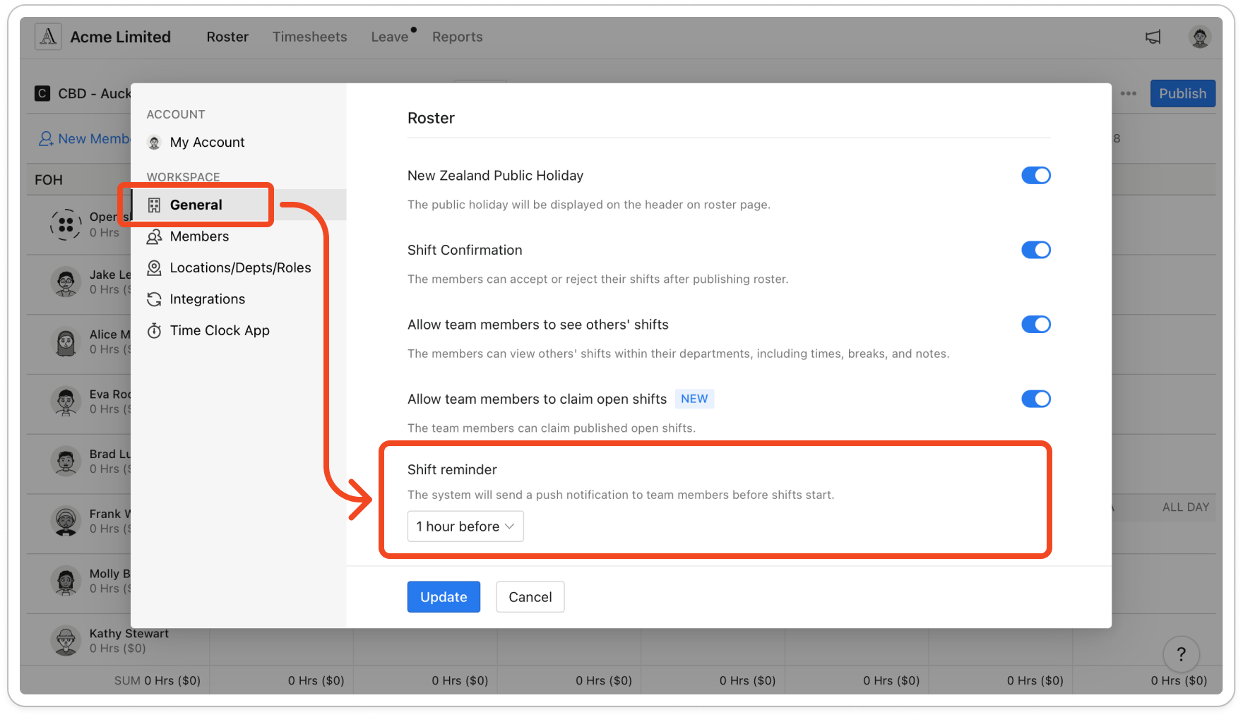 The Settings window open on the General tab, scrolled to the Roster section with the Shift reminder row and its dropdown showing None