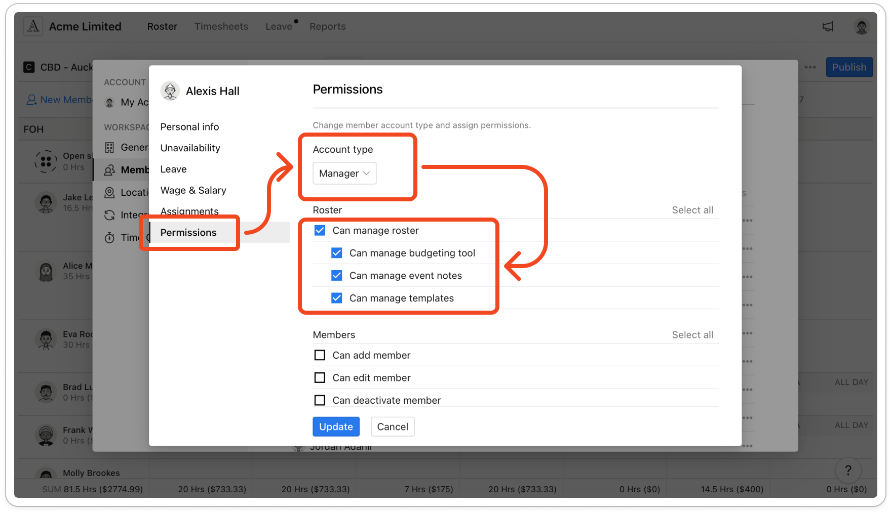 The Permissions tab of a manager's profile with Account type set to Manager and the Roster group at the top of the permissions list