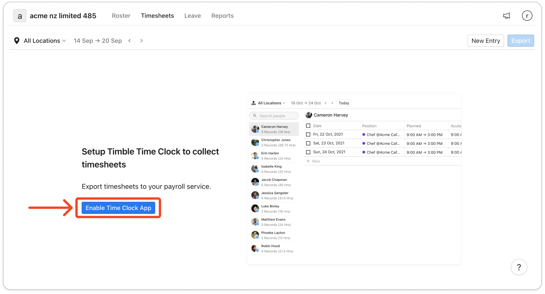 Timesheets page before the time clock is on, showing "Setup Timble Time Clock to collect timesheets" and the Enable Time Clock App button