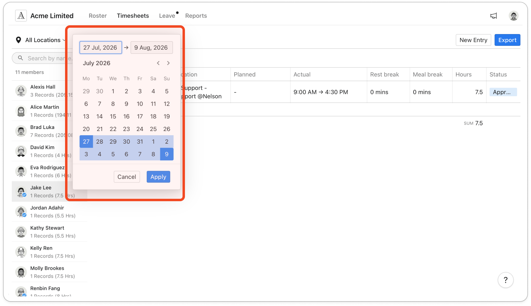 The Timesheets page with the date range picker open, showing a start and end date in the two boxes at the top, the days between them highlighted in the calendar, and the Cancel and Apply buttons. assets/imported/51000492629-2.png shows this screen with current labels