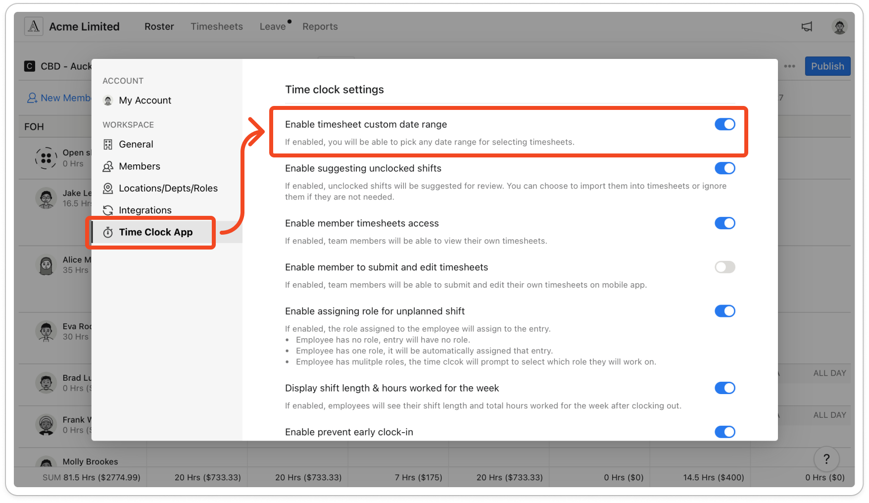 The Settings window on the Time Clock App tab, with the Enable timesheet custom date range switch turned on at the top of Time clock settings. assets/imported/51000492629-1.png shows this screen with current labels