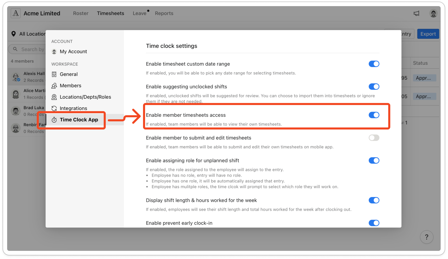 The Time clock settings section with Enable member timesheets access turned on, and Enable member to submit and edit timesheets now showing below it