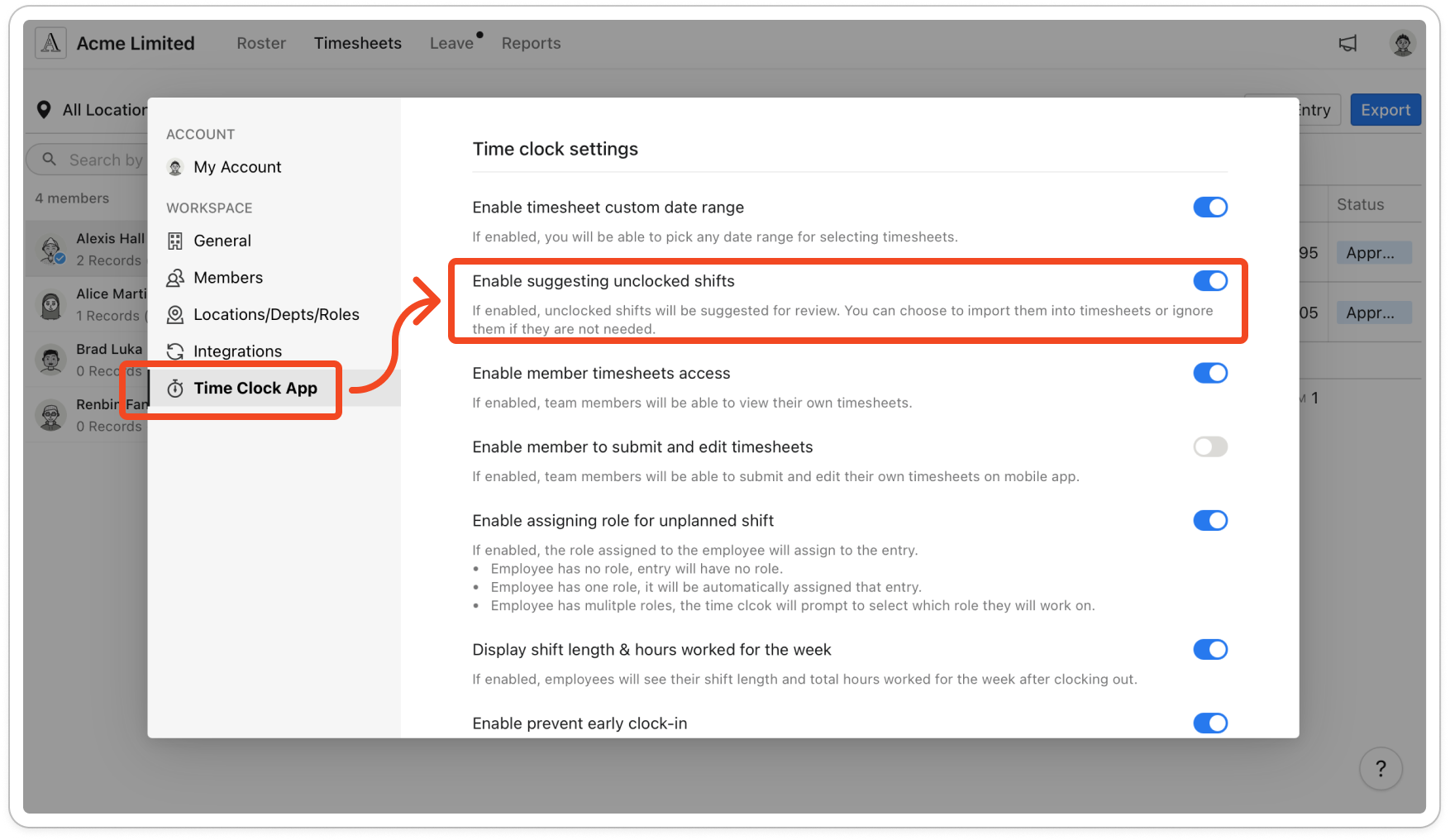 Settings open on the Time Clock App tab, with the Enable suggesting unclocked shifts switch turned on under Time clock settings