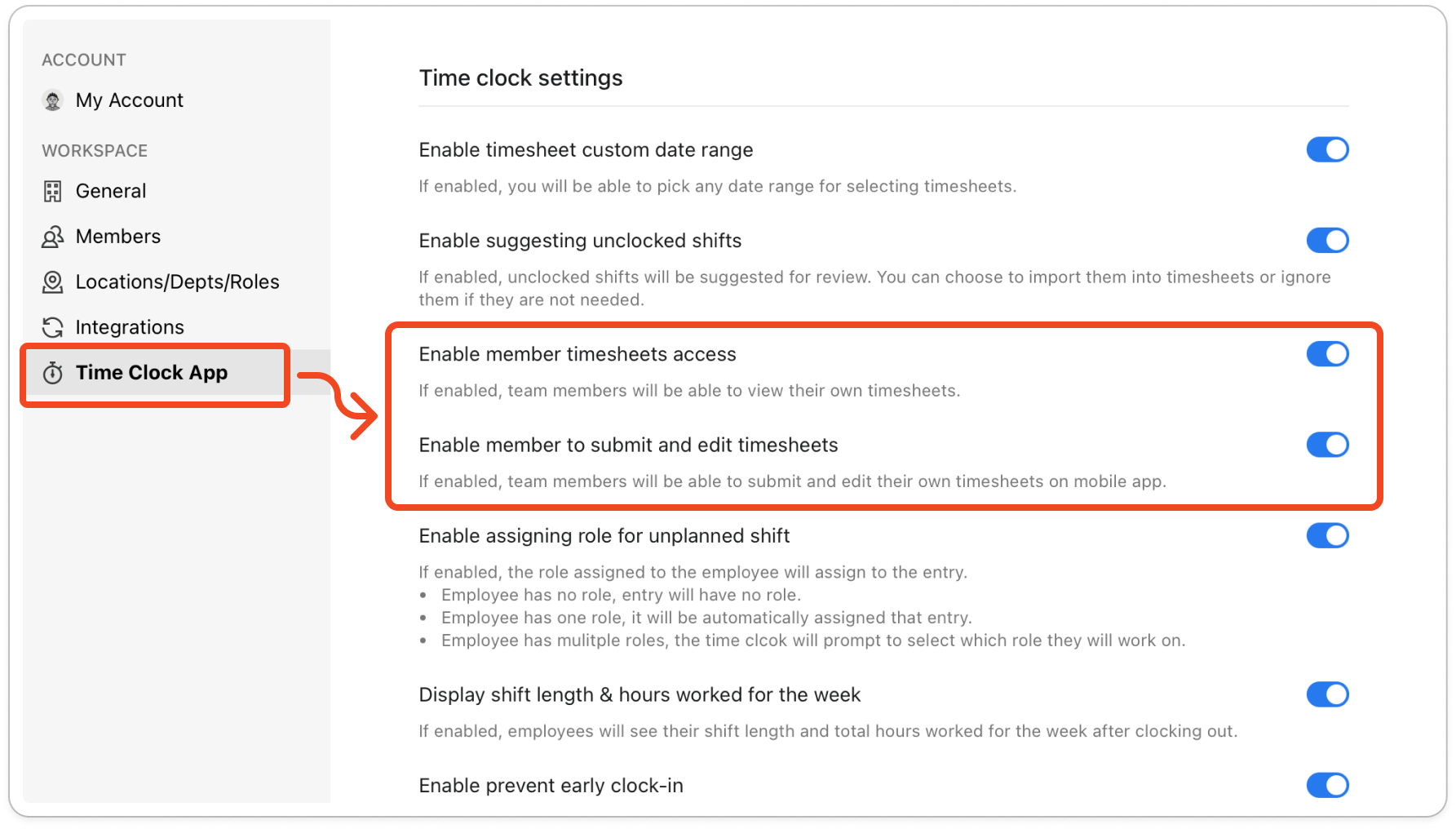 Settings open on the Time Clock App tab, with Enable member timesheets access and Enable member to submit and edit timesheets both turned on