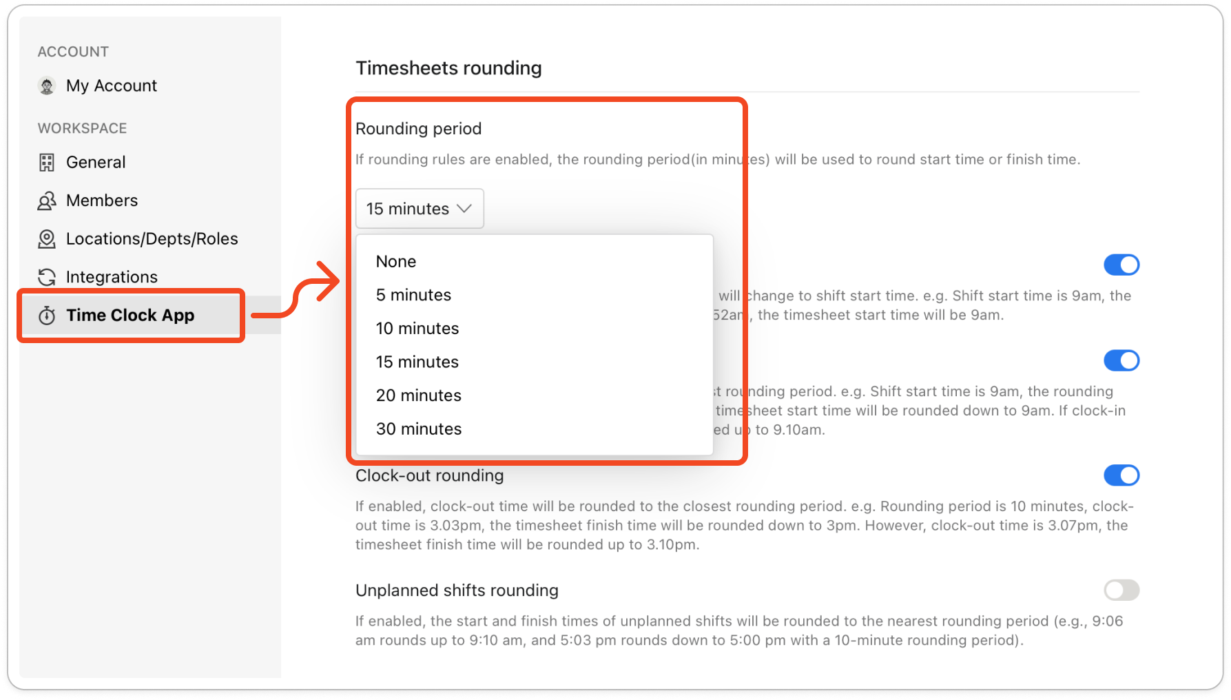 The Timesheets rounding section of the Time Clock App tab, with the Rounding period dropdown open on None, 5 minutes, 10 minutes, 15 minutes, 20 minutes and 30 minutes