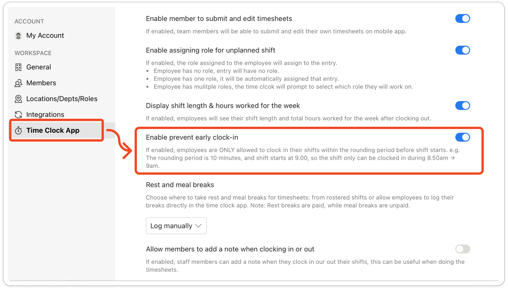 Settings open on the Time Clock App tab, with the Enable prevent early clock-in switch turned on under Time clock settings