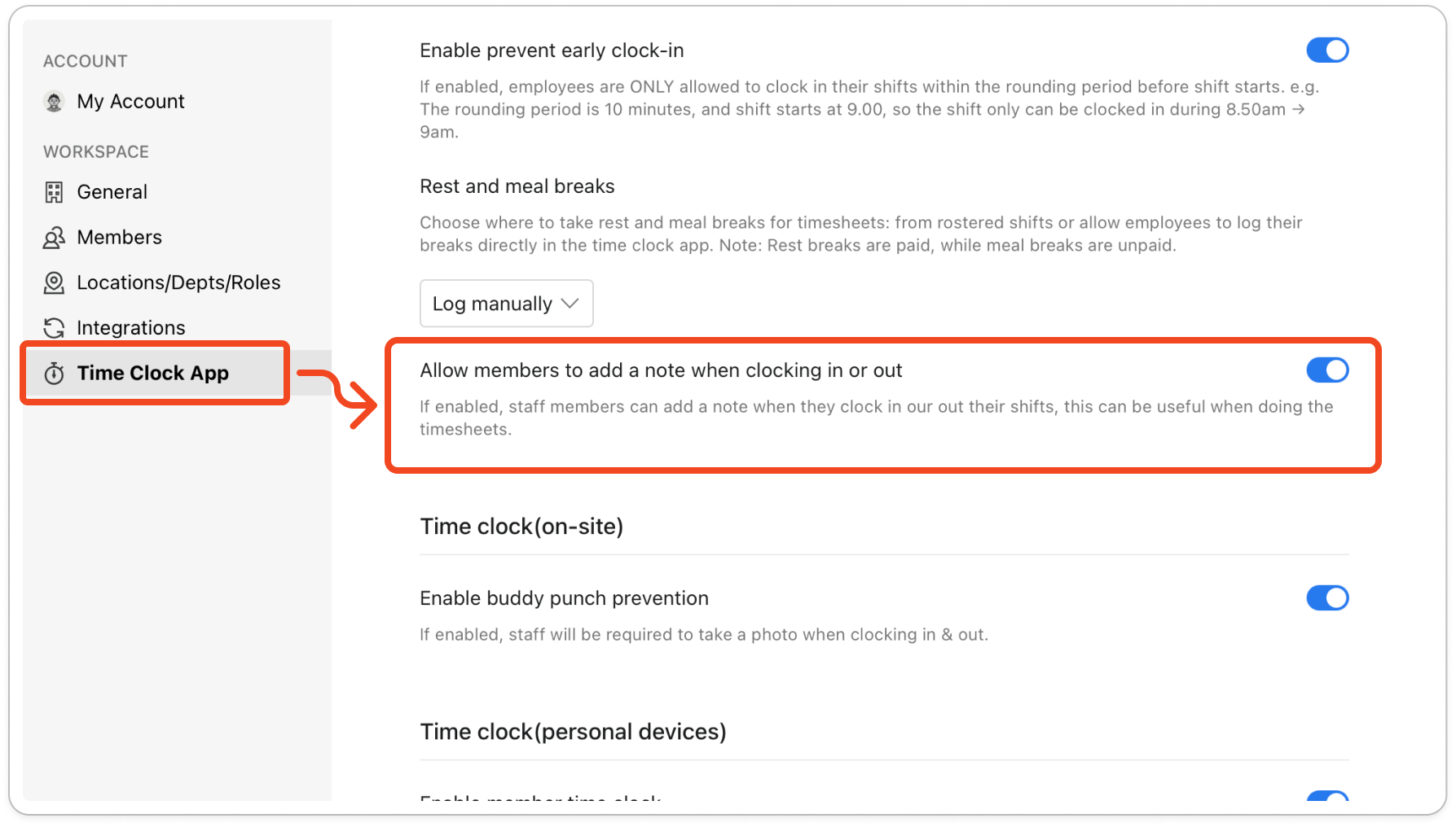 Settings open on Time Clock App, with the Allow members to add a note when clocking in or out switch turned on at the bottom of the Time clock settings block