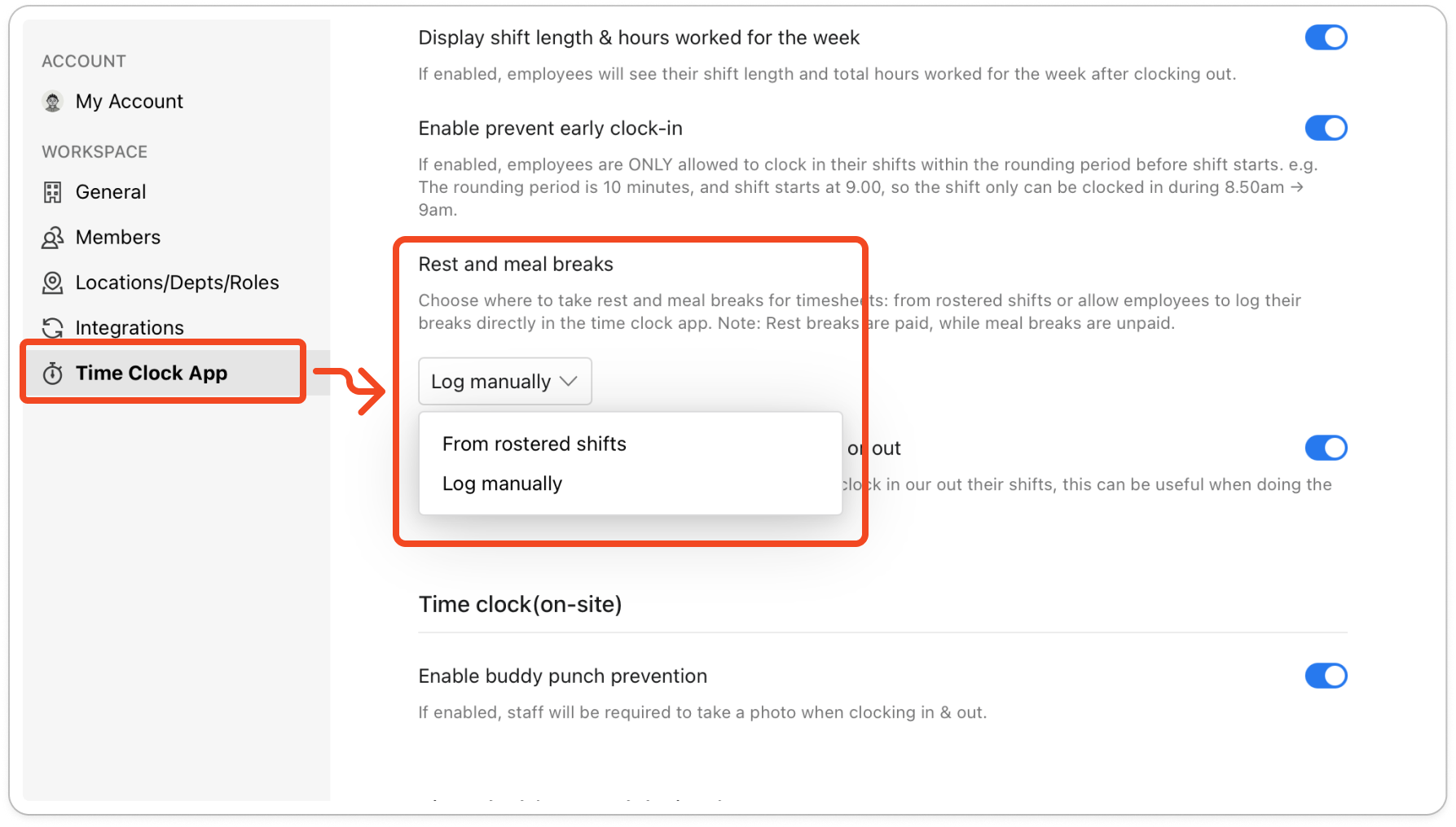 Settings open on the Time Clock App tab, scrolled to the Rest and meal breaks dropdown with its list open showing From rostered shifts and Log manually. assets/imported/51000492629-1.png shows the top of this tab, but not this control, and some of its switch labels are out of date