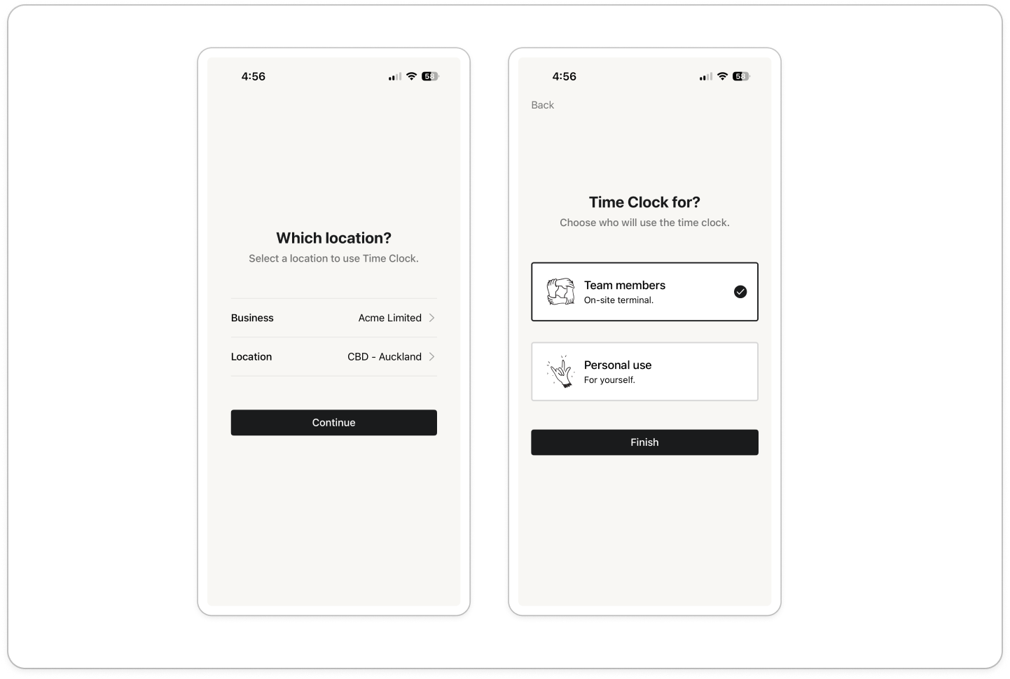 Time Clock for? screen with Team members selected, Personal use below it, and the Finish button