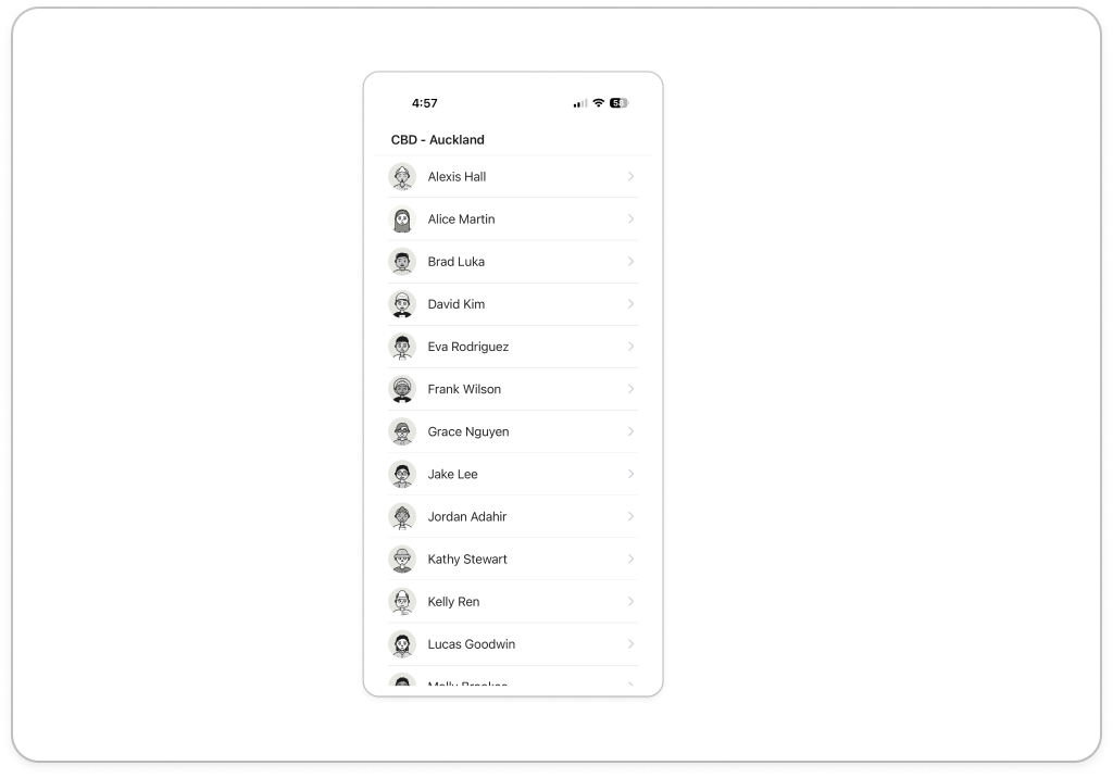 Members list on a tablet with the location name at the top left and a green dot beside one clocked-in member. The left panel of assets/imported/51000482916-2.png is the same screen on a phone, without a green dot