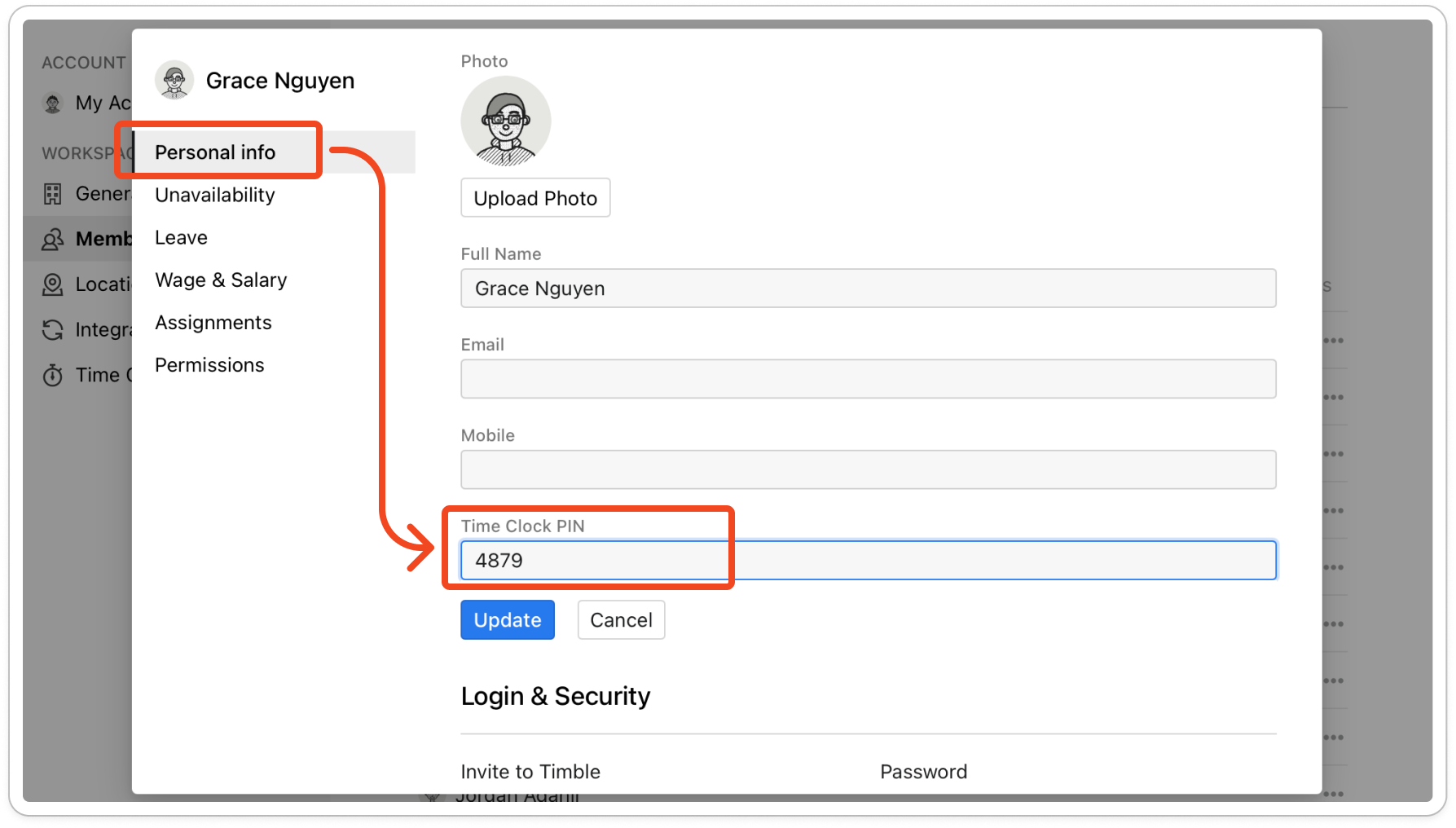 A member's profile on the Personal info tab with the Email field empty and the Time Clock PIN field showing their four-digit PIN