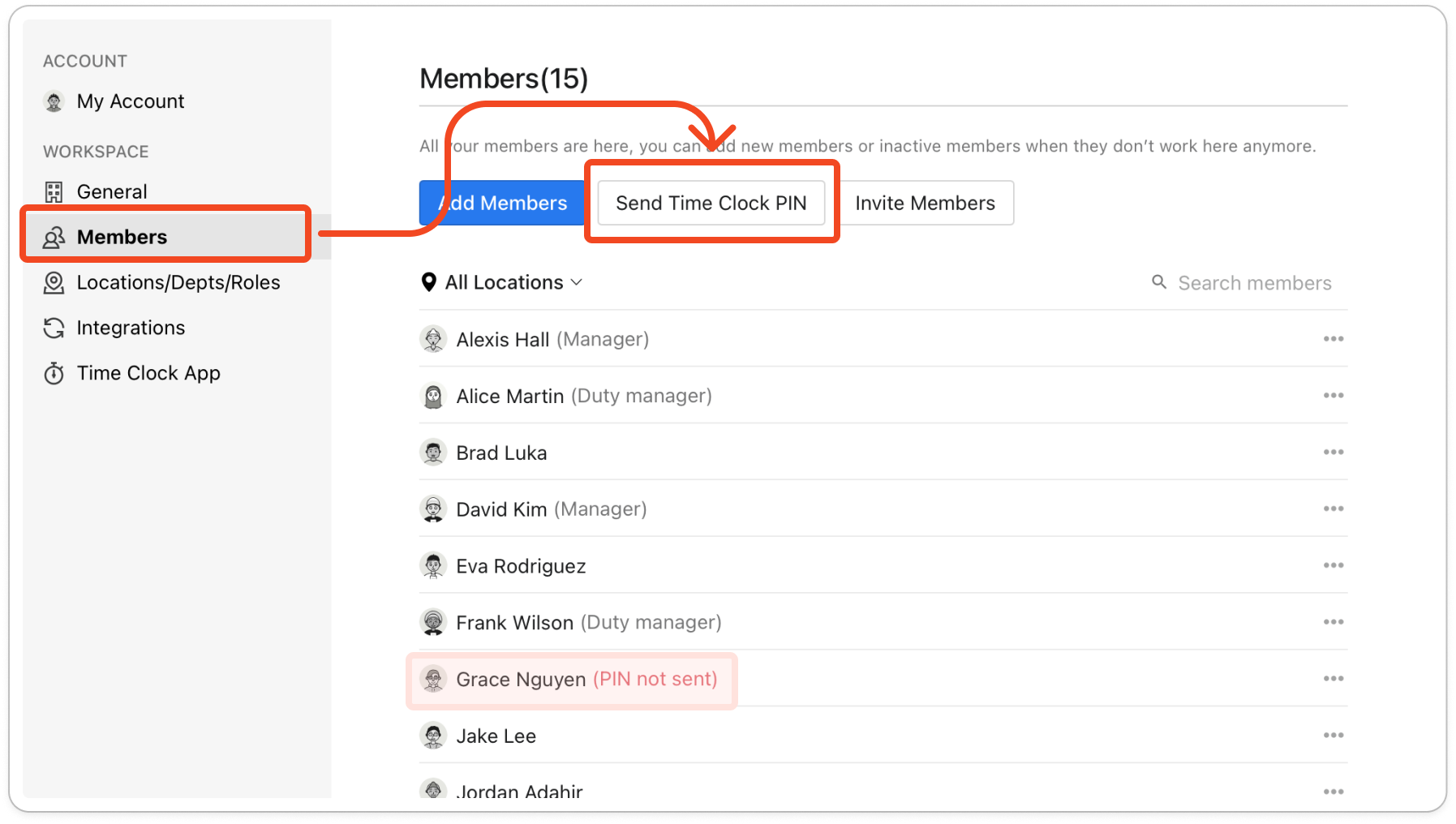 The Members screen with the Send Time Clock PIN button between Add Members and Invite Members, and several members tagged (PIN not sent) in red
