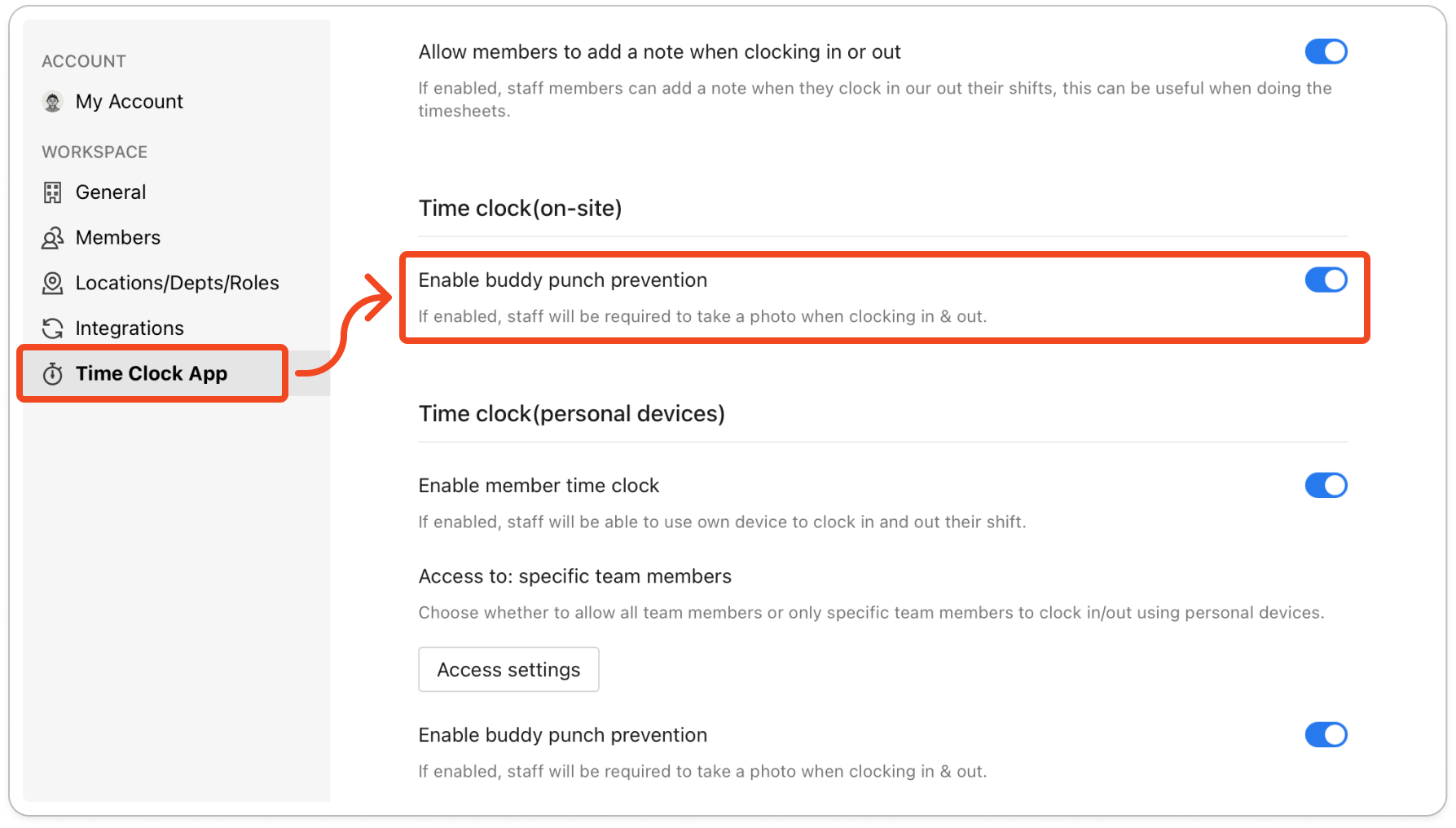 Settings open on the Time Clock App tab, with Enable buddy punch prevention turned on under the Time clock(on-site) heading
