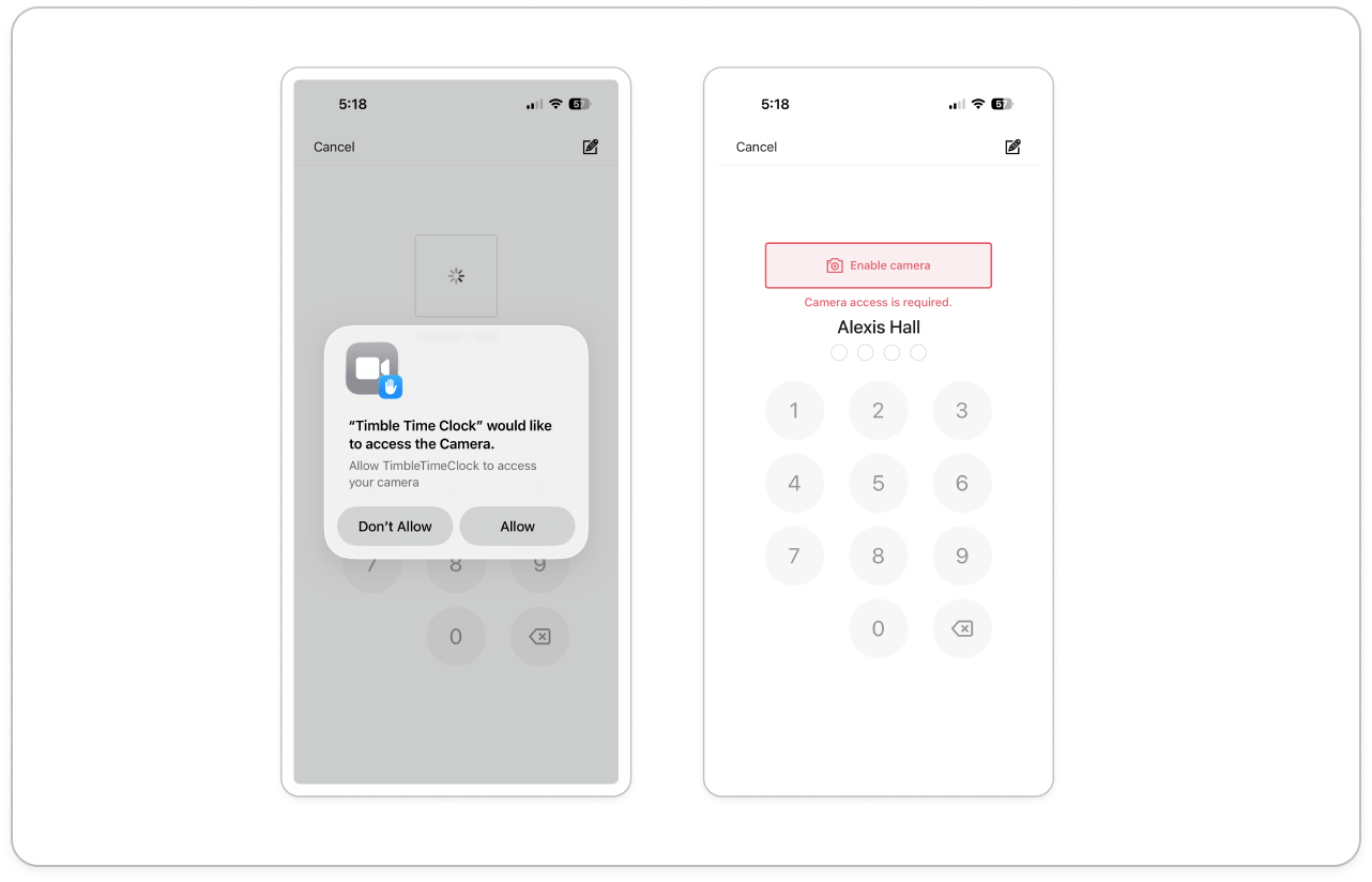 The time clock tablet PIN keypad with the camera preview above the member's name