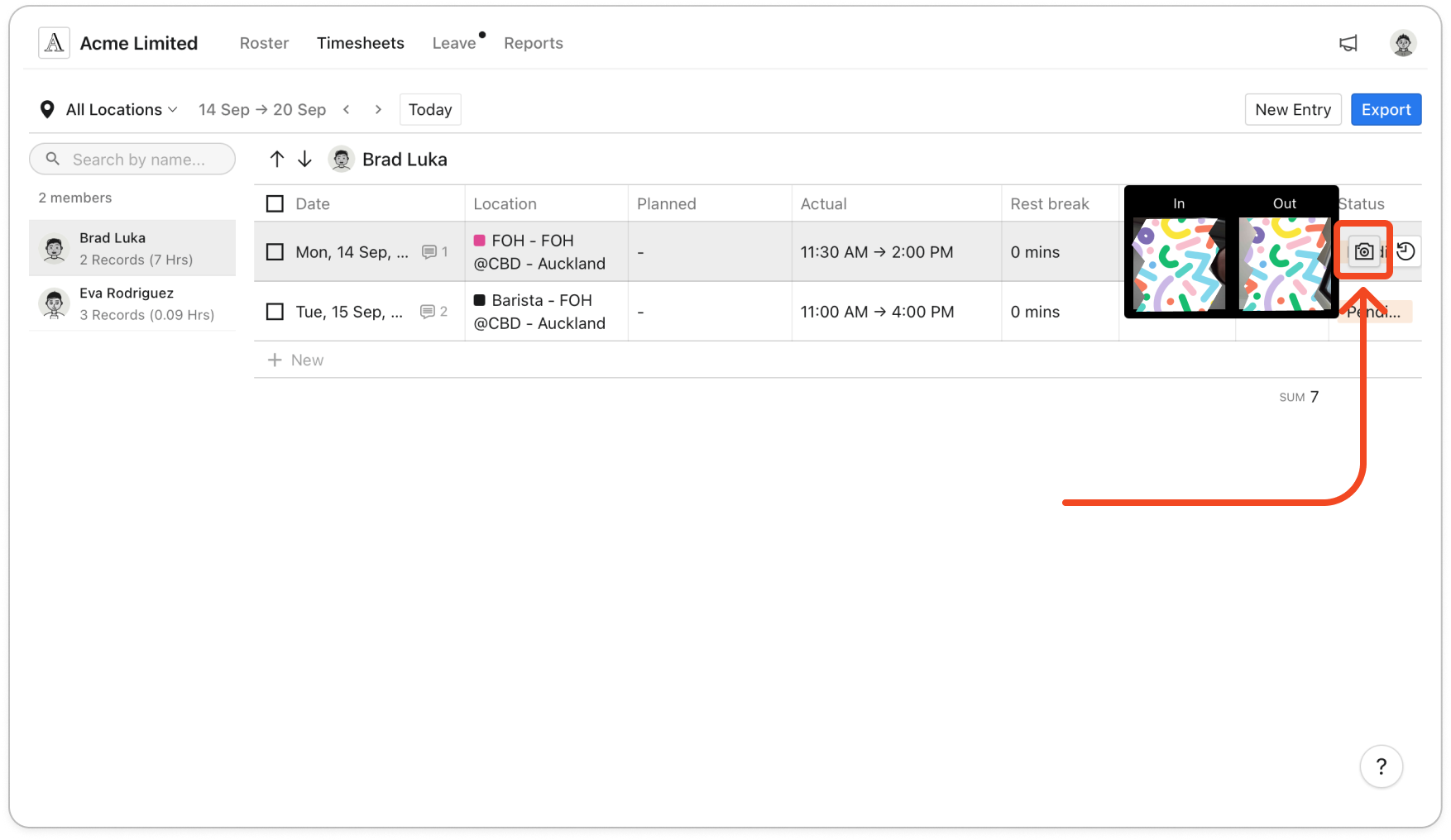 Timesheets page with the mouse over an entry, showing the camera icon and the In and Out photo preview