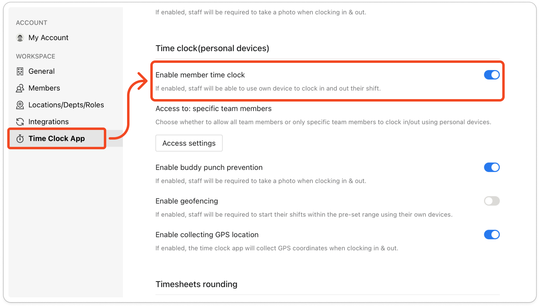 Settings open on the Time Clock App tab, scrolled to Time clock(personal devices), with the Enable member time clock switch turned on and "Access to: all team members" with the Access settings button below it