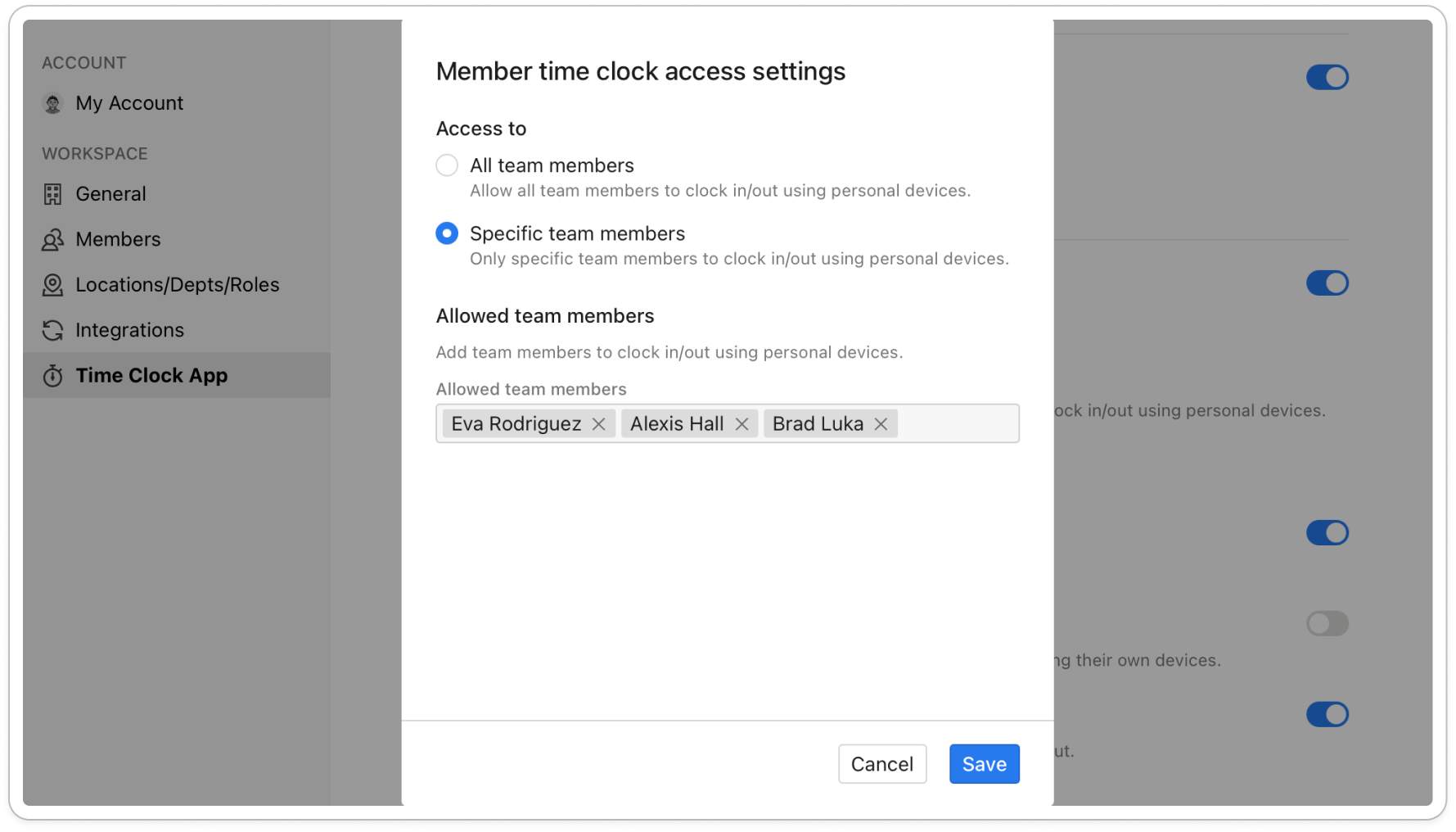 Member time clock access settings window opened from the Access settings button, with Specific team members selected under Access to and three members added under Allowed team members