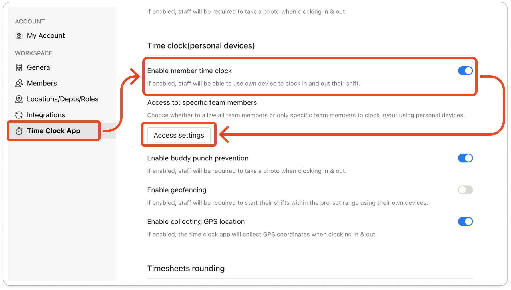Settings open on the Time Clock App tab, showing the Time clock(personal devices) section with Enable member time clock turned on, the "Access to: all team members" line and the Access settings button