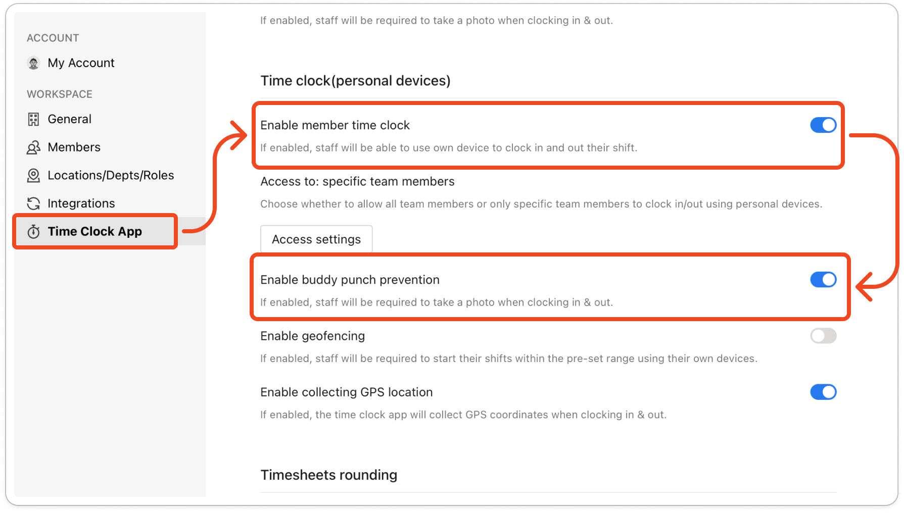 Time clock(personal devices) section with Enable buddy punch prevention turned on, between the Access settings button and Enable geofencing