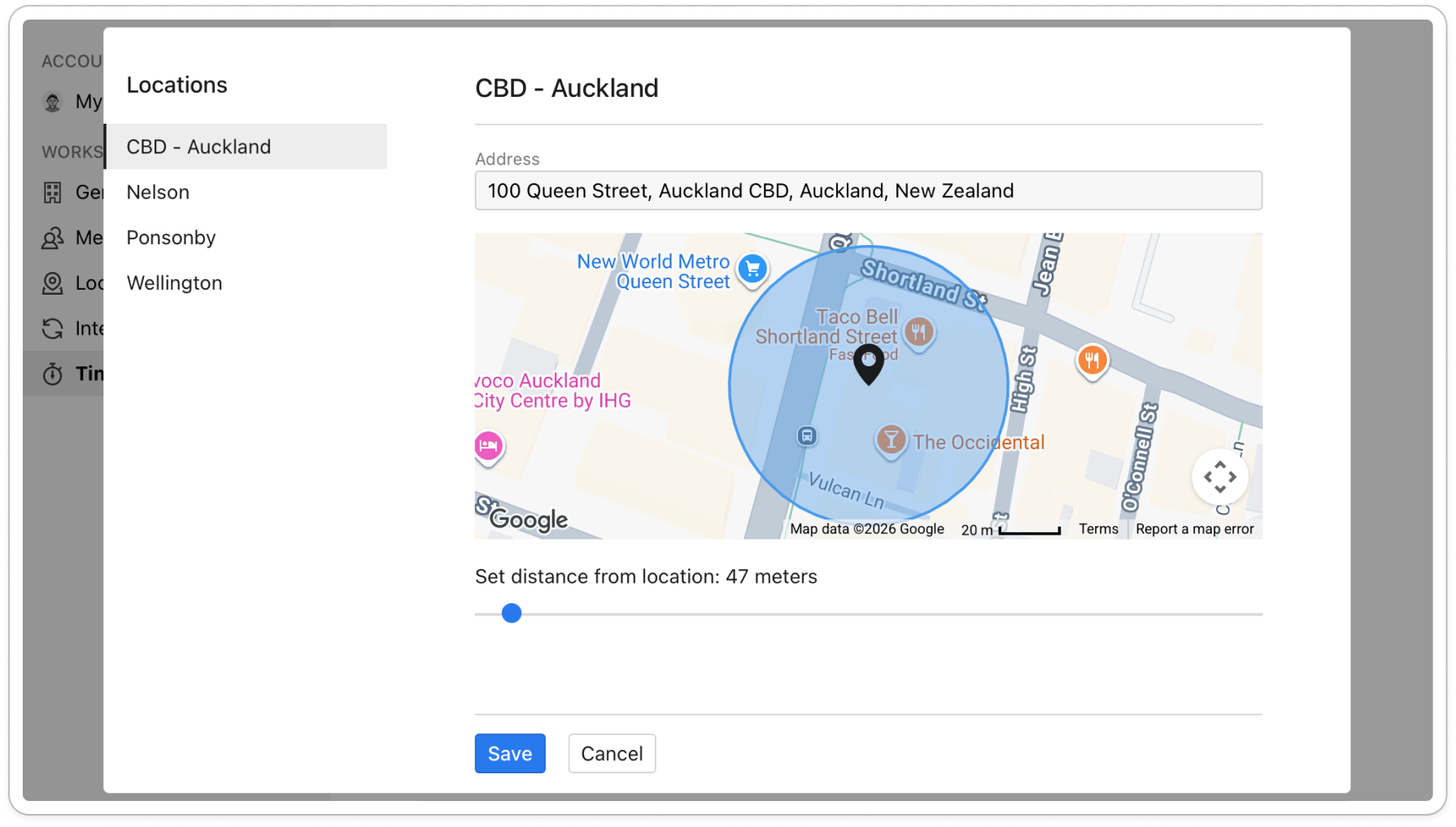 The Set geofence window with a location selected under Locations on the left, an address chosen in the Address field, and the map showing the pin and circle
