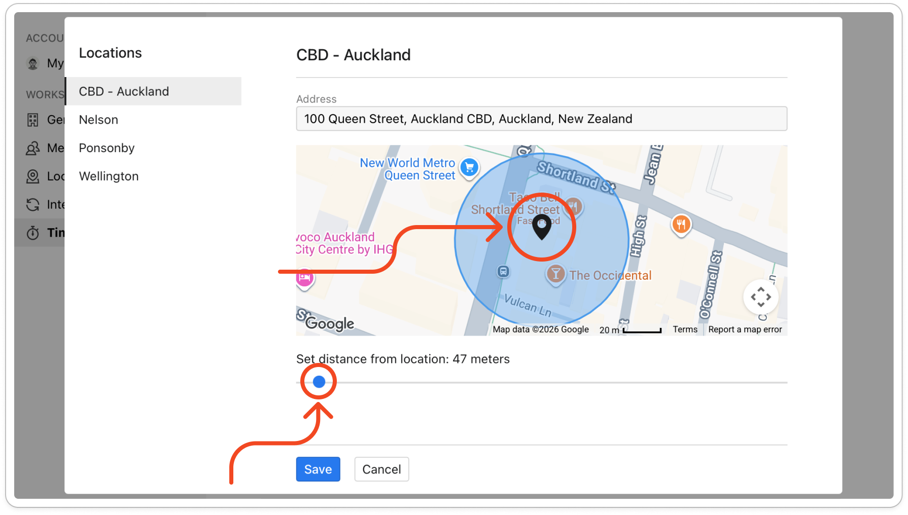The slider under the map, with "Set distance from location" showing the chosen number of metres and the circle on the map resized to match