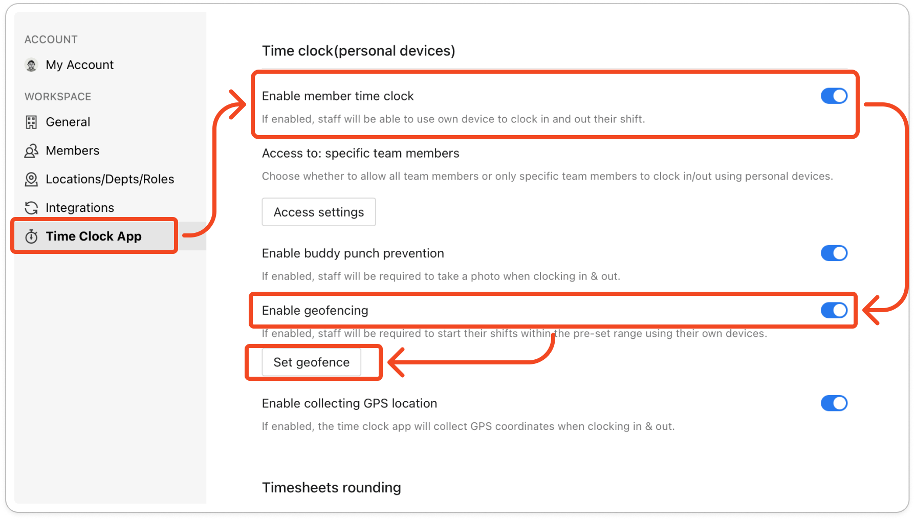 Settings open on the Time Clock App tab, with Enable geofencing turned on under Time clock(personal devices) and the Set geofence button below it