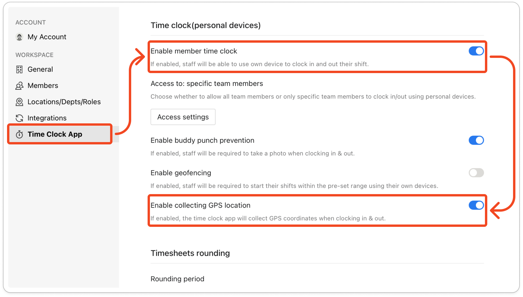 Settings open on the Time Clock App tab, with Enable member time clock on and the Enable collecting GPS location switch turned on at the bottom of the Time clock(personal devices) section