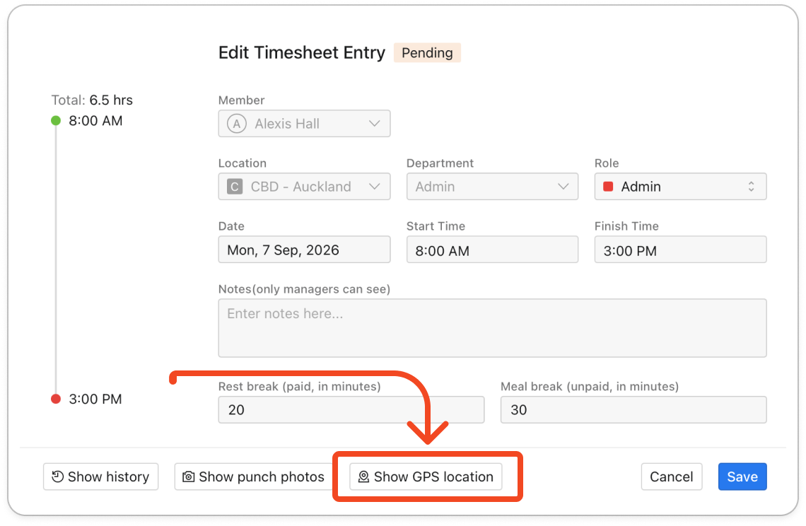 The Edit Timesheet Entry popover with the Show GPS location button at the bottom, and the Punch GPS location window with its two maps