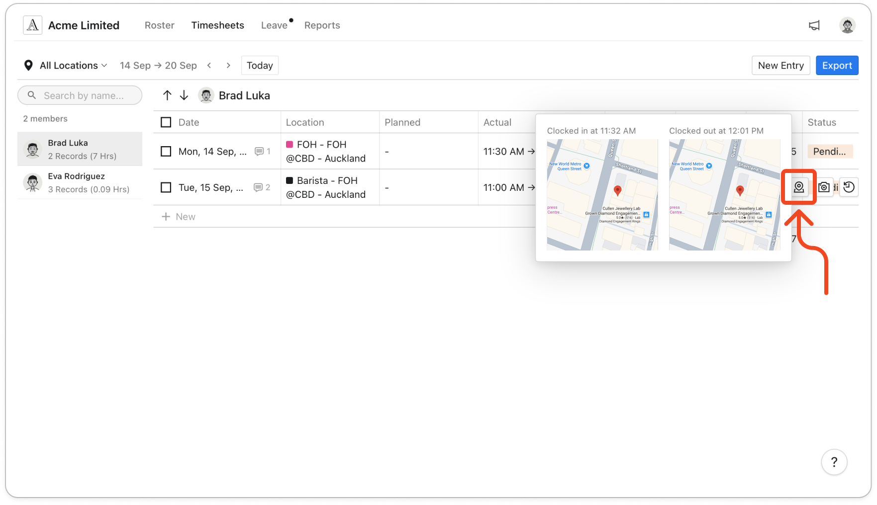Timesheets page with the pointer over an entry, the location icon highlighted and the small window open showing Clocked in at and Clocked out at, each with a map