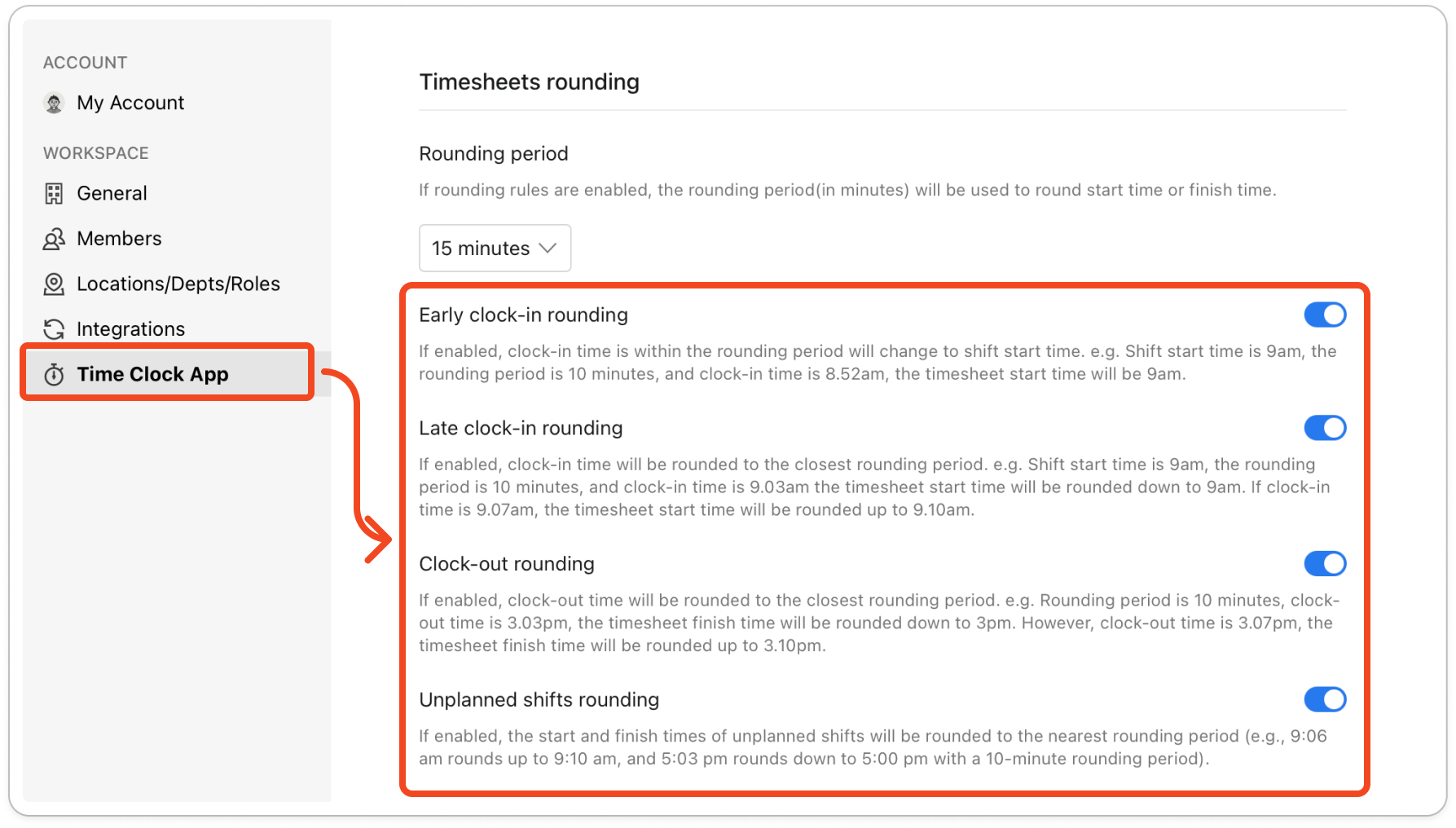 The Timesheets rounding section of the Time Clock App tab with Rounding period set to 15 minutes and the Early clock-in rounding, Late clock-in rounding, Clock-out rounding and Unplanned shifts rounding switches turned on