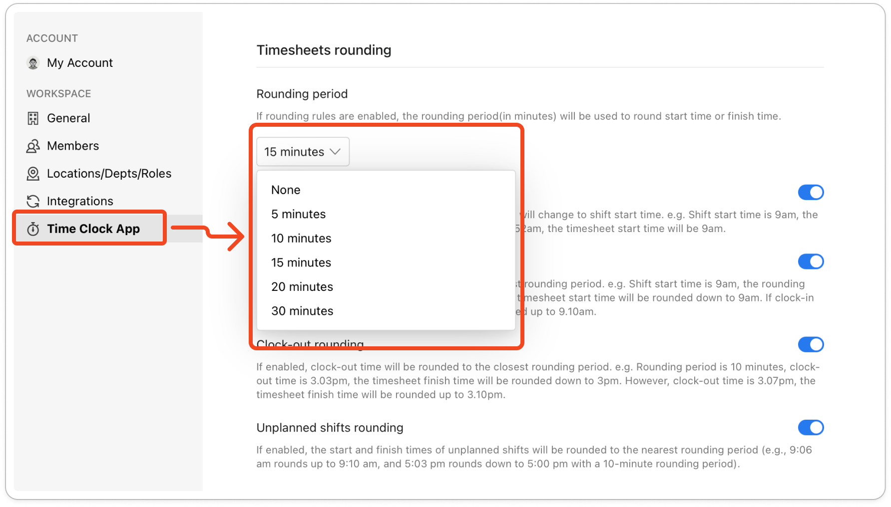 The Timesheets rounding section of the Time Clock App tab, with the Rounding period dropdown open showing None, 5 minutes, 10 minutes, 15 minutes, 20 minutes and 30 minutes