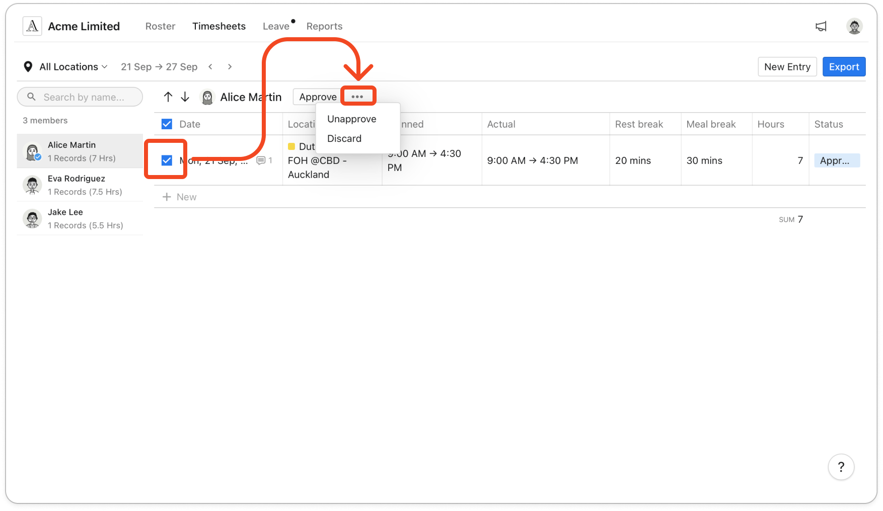 The menu open beside the Approve button, showing Unapprove and Discard