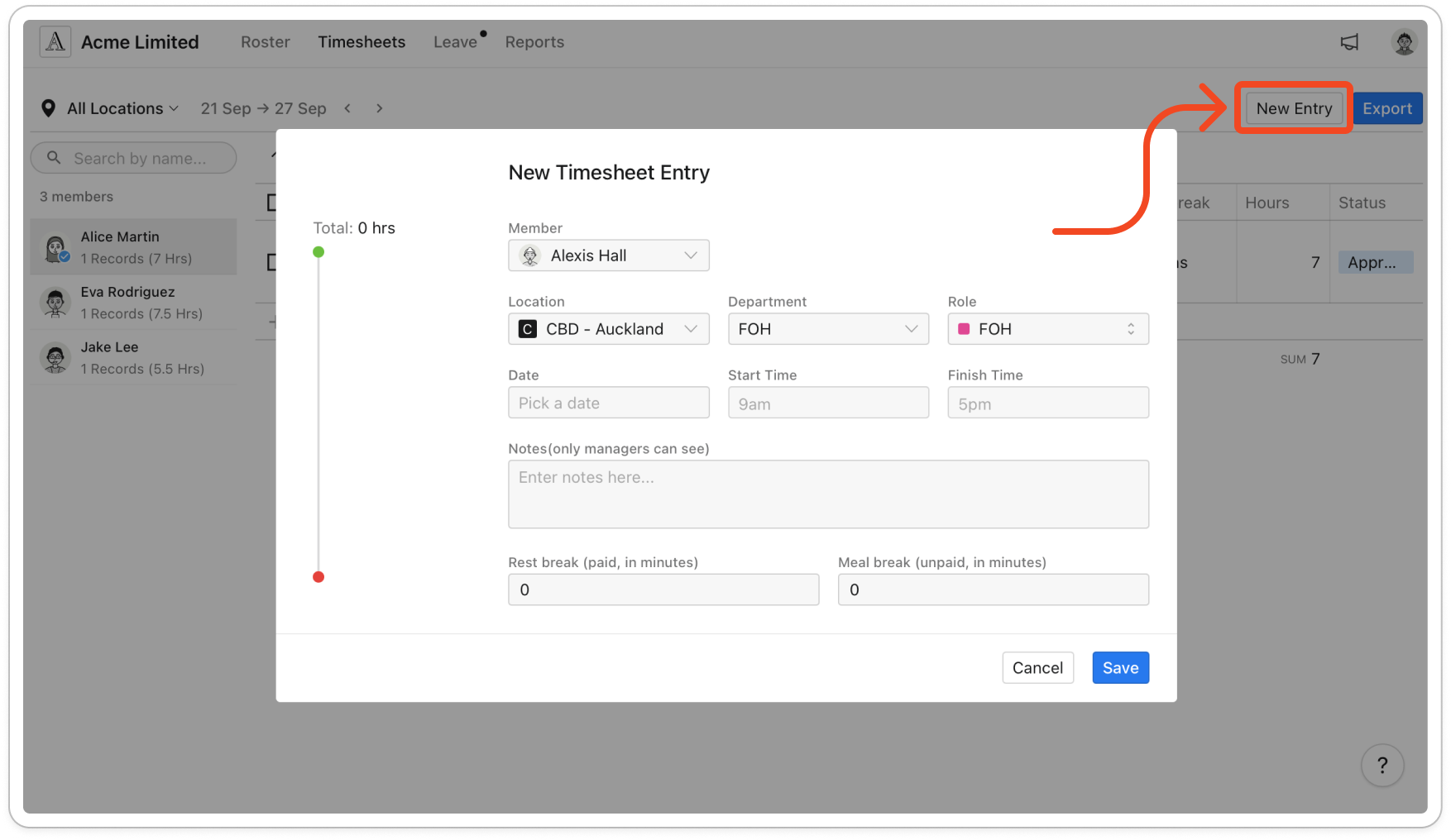 The Timesheets page with the New Entry button highlighted in the toolbar, next to Export