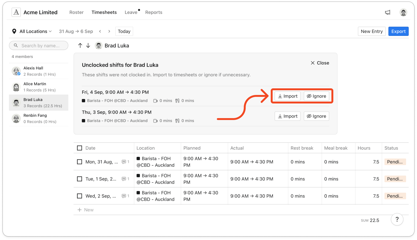 One shift in the Unclocked shifts for panel, with its Import and Ignore buttons highlighted