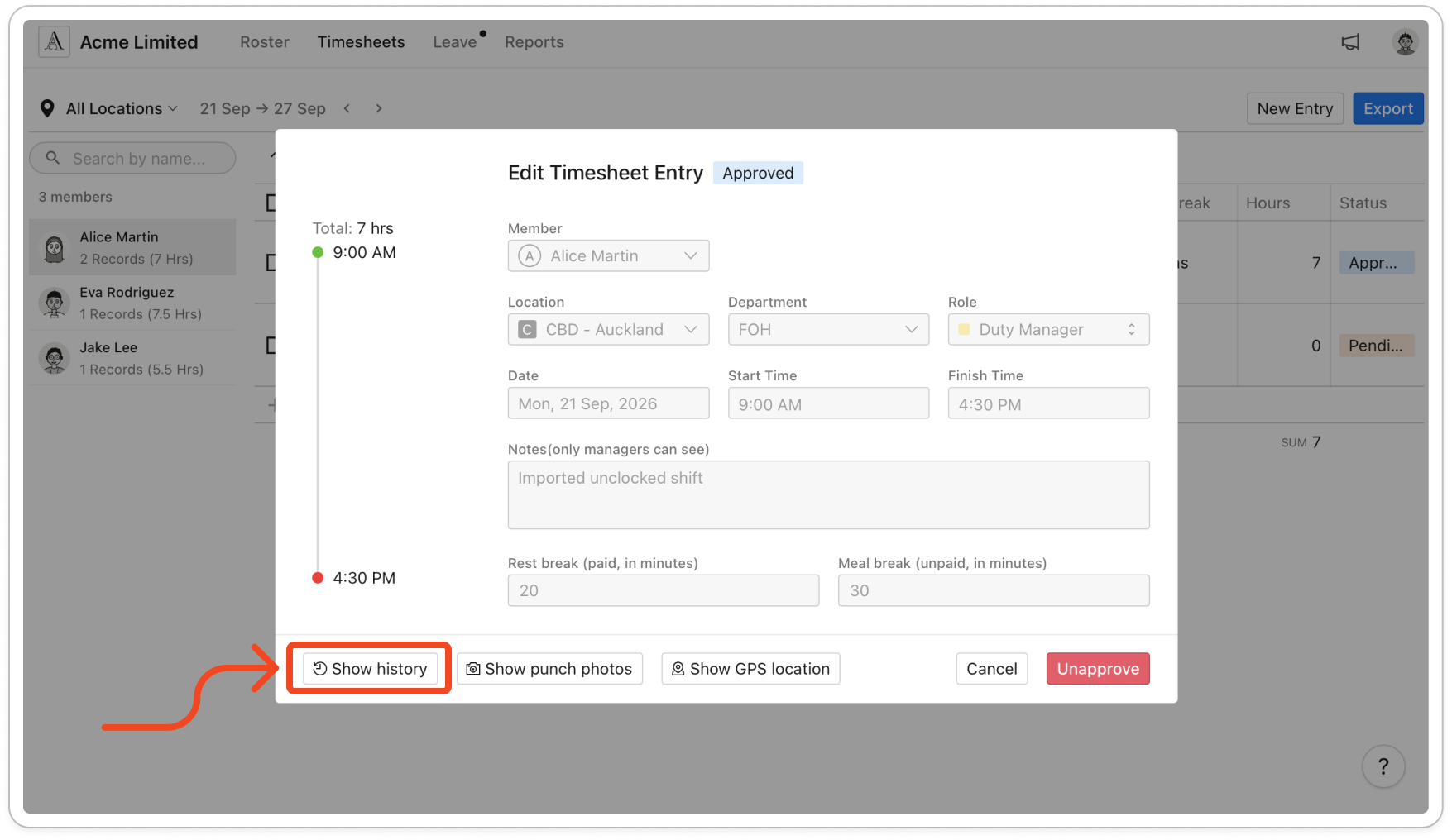 The Edit Timesheet Entry window with the Show history button highlighted at the bottom left, next to Show punch photos and Show GPS location