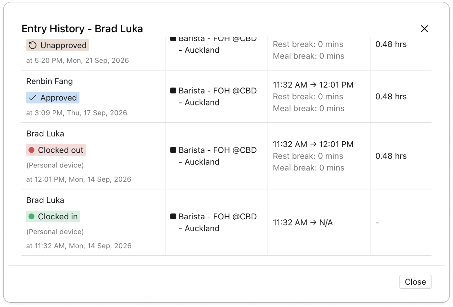 The Entry History window for one member, showing a Clocked in row marked (On-site terminal), a Clocked out row, then an Approved row at the top with a manager's name. The existing assets/imported/51000487535-3.jpg shows this window but is scrolled past the column headings and has a Freshdesk arrow on it, so recapture