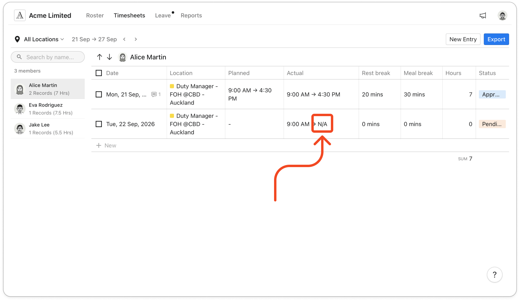 The Timesheets page with a member selected and a row whose Actual column reads a start time followed by N/A
