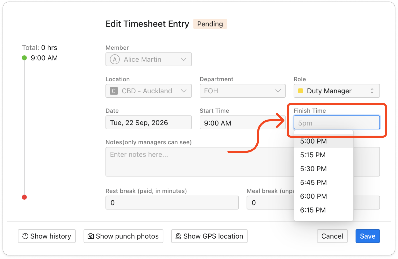 The Edit Timesheet Entry window with Finish Time set and the Save button in the bottom right