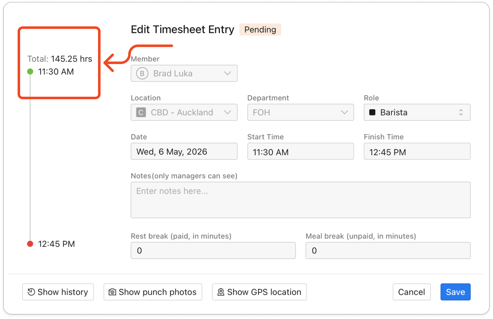 The Timesheets page with one member's entries, and an entry with very long Hours highlighted. assets/imported/51000487535-1.jpg shows this but has a Freshdesk box and arrow drawn on it