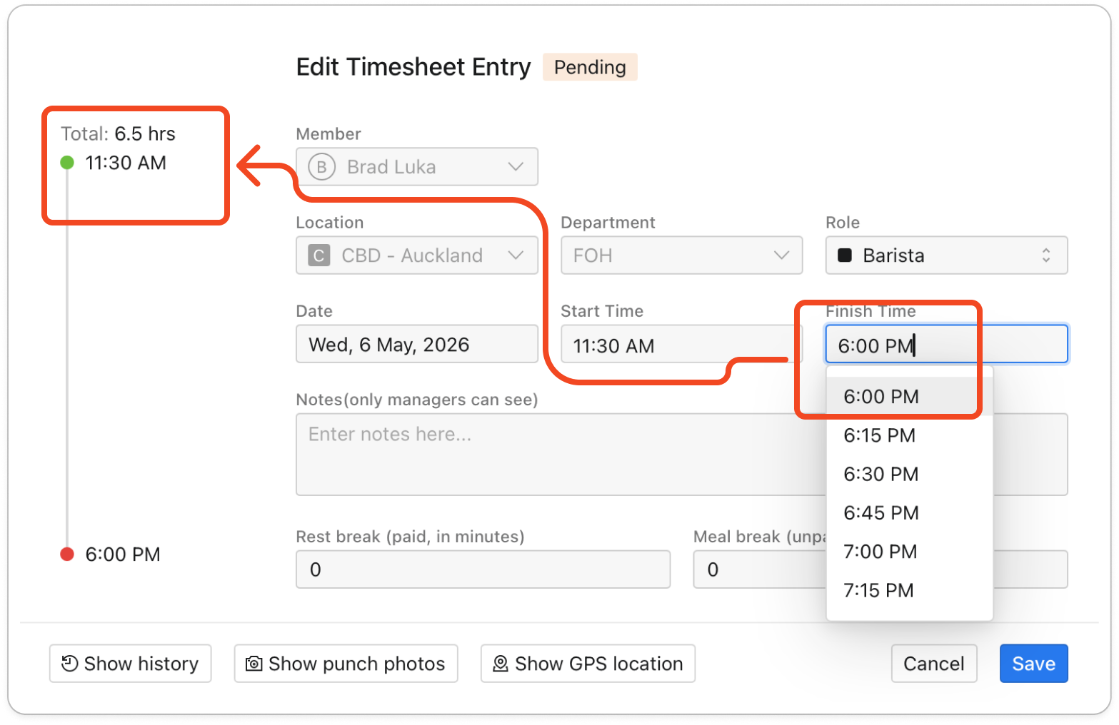 The Edit Timesheet Entry window with the Finish Time field and the Save button. assets/imported/51000487535-2.jpg shows this window with the old break labels Paid Break(in minutes) and Unpaid Break(in minutes), so recapture
